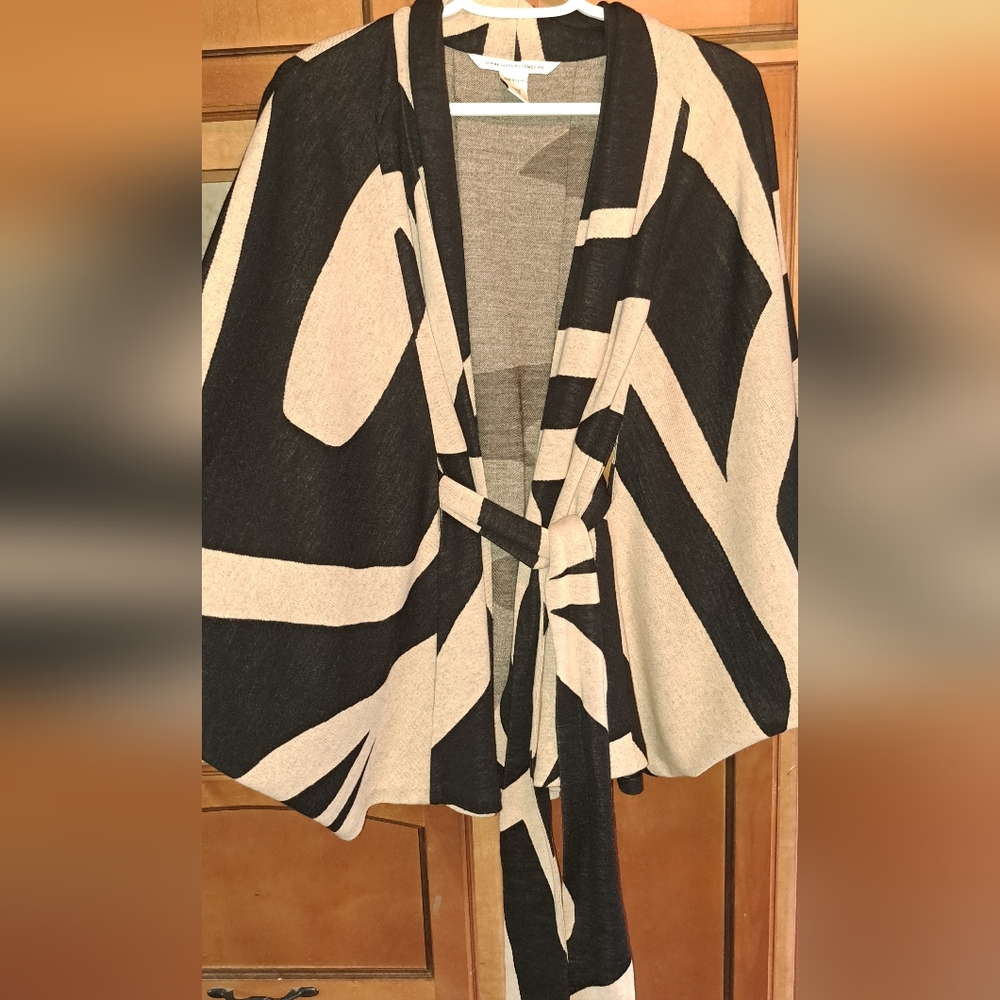 DVF Geometric Dolman Open Front Cape Cardigan Wrap With Belt Med Wool Blend M